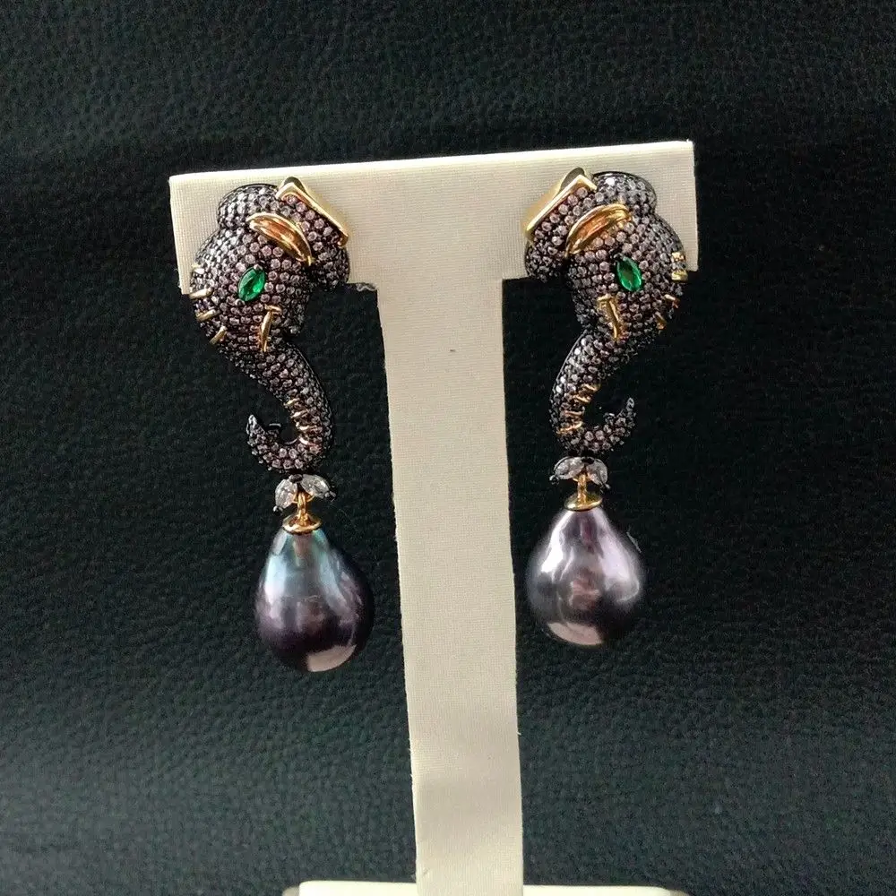 Черные серьги с жемчугом Кеши CZ Pave Elephant