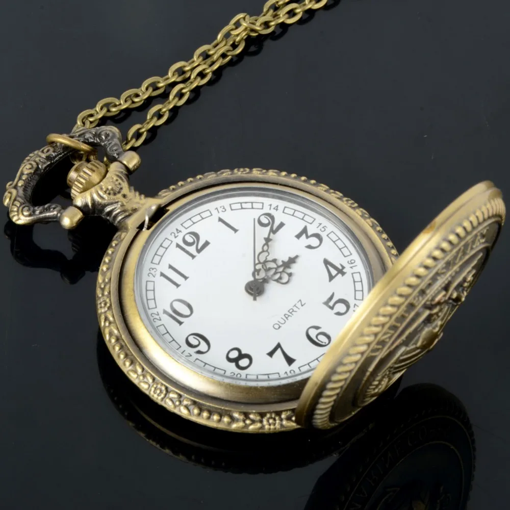 

Retro Bronze Quartz Pocket Watch Steampunk Clock Watches with Marine Corps Necklace Watches Mens Christmas Gifts