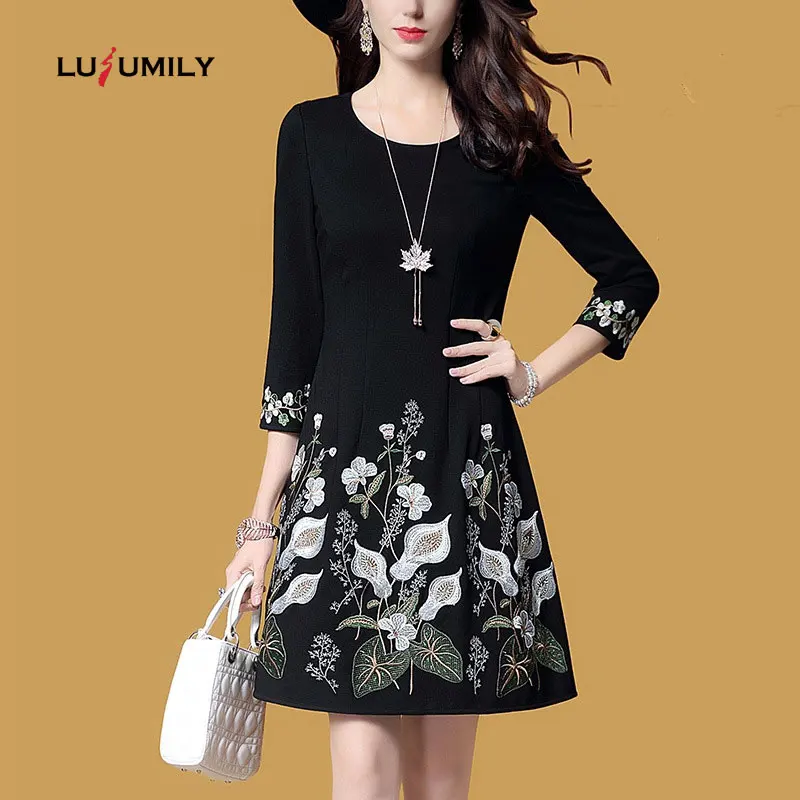 Lusumily женское высококачественное черное платье с цветочной вышивкой элегантное