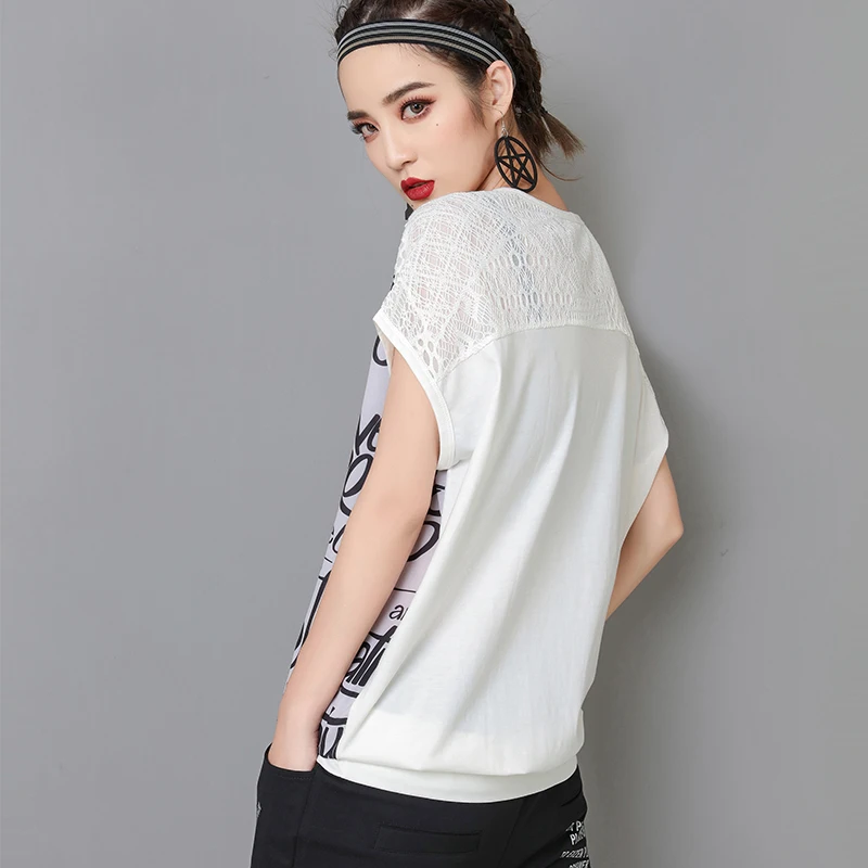 Новая Европейская летняя женская кружева шить футболки Круглый воротник с