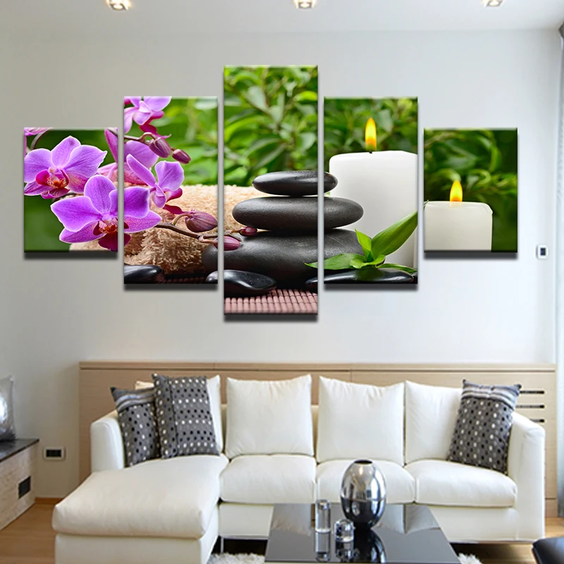 В рамке 5 панелей фиолетовые цветы свеча Canvas живописи большой HD настенные