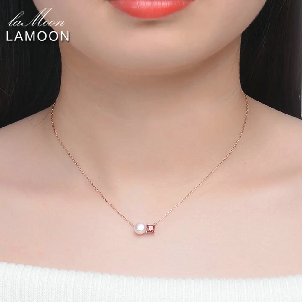 LAMOON Simple 100% Natural Red Garnet Freshwater Pearl 925 Sterling Silver Chain Pendant Necklace S925 LMNI054 | Украшения и
