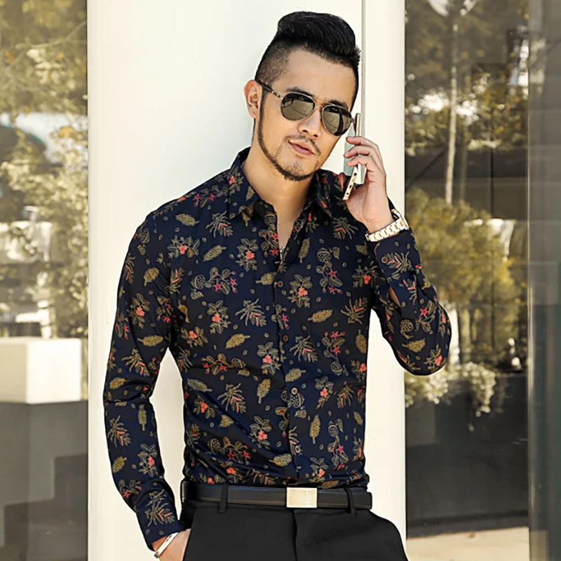 Новинка 2018 мужская модельная рубашка Весенняя Тонкая с цветочным принтом