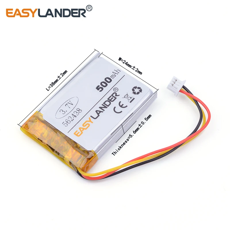 3 нити Бесплатная доставка 7 V 500mAH 562438 PLIB полимерный литий ионный аккумулятор для