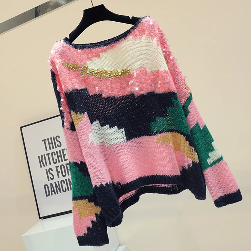 Для женщин Сладкий розовый пуловеры с пайетками свитеры для Femme Oversize