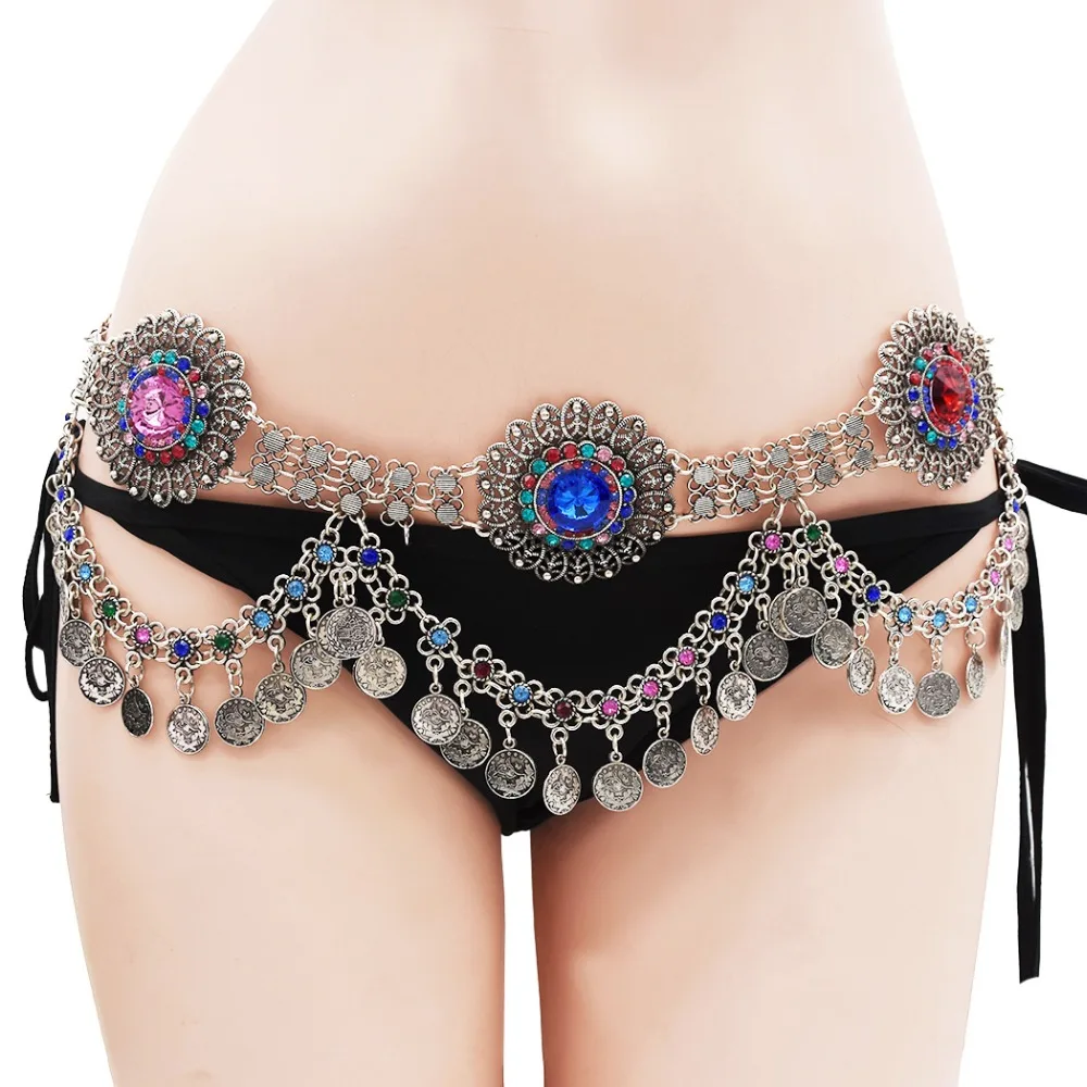 Boho Crystal цветок Монета Пояс живота Талия цепи висячие серьги заколки браслет Афган