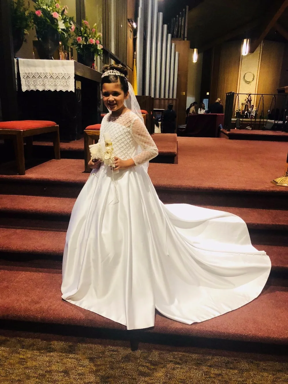 Aibaowedding/Нарядные Платья с цветочным узором для девочек драпированное платье с длинными рукавами для первого причастия розовые фатиновые Бальные платья для детей, блестящие, от 0 до 12 лет