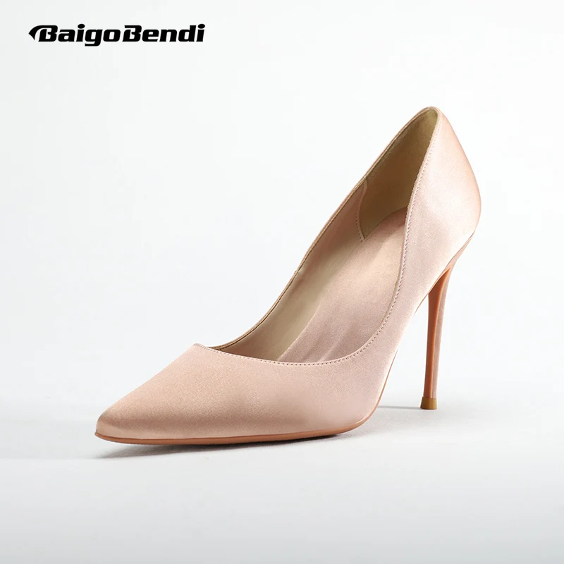 

US 4-10 Plus Size Woman Thin Heels Sexy Pointed Toe Bride Nude Weeding Silk Shoes Smooth OL Office