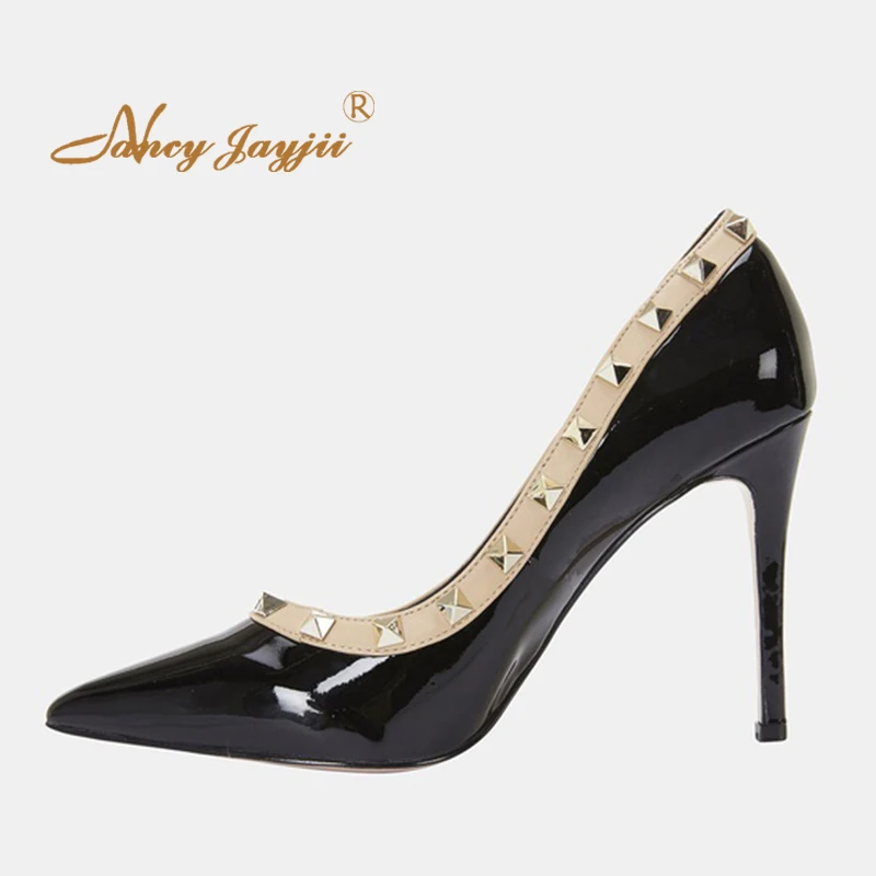 

Famous Brand Black Red Rivet Pointed Toe High Stliettos Pumps Woman Soft Leather Heels For Ladies Shoes Large Size 11 12 Mature