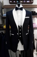 2019 new elegant slim fit black smoking suit men costume 3 pieces homme white shawl lapel tuxedo groom wedding suits for men
