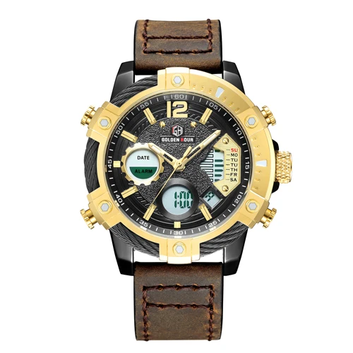 Brown Gold Gold GOLDENHOUR мужские часы Топ люксовый бренд мужские военные спортивные часы кожа кварцевые наручные часы водонепроницаемый светодиодный цифровые мужские часы - Цвет: Brown Gold Gold