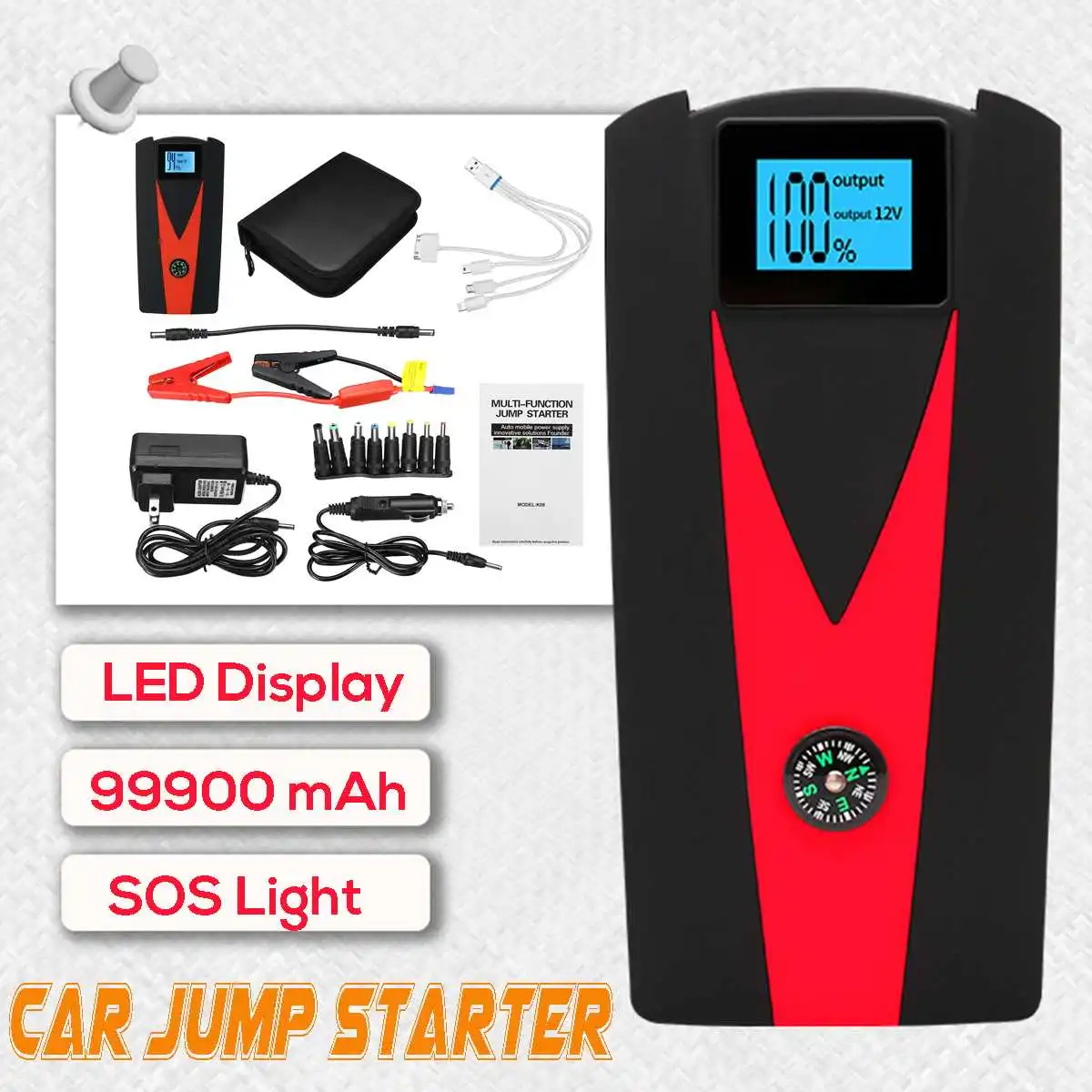 99900 мАч автомобильное пусковое устройство, 12V светодиодный 2USB SOS аварийный Мощность банка для Портативный автомобиля Батарея усилитель Зарядное устройство пусковое устройство