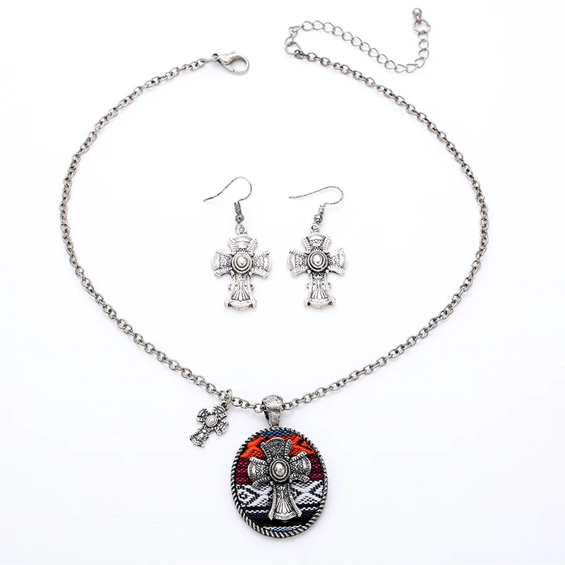 Набор сережек из тканевый крест кулон для мужчин и женщин античное серебряное