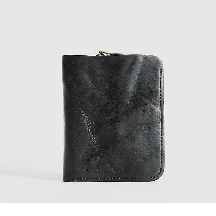 Black SIMLINE мужской кошелек из натуральной кожи, Ретро стиль, ручная работа, Воловья кожа, мужские короткие кошельки, кошелек, держатель для карт, мужской кошелек с карманом для монет на молнии - Цвет: Black