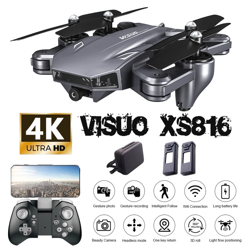 Visuo XS816 Дрон 4 K с камерой HD вертолет WiFi FPV оптическое позиционирование потока Складная двойная камера селфи Дрон RC Квадрокоптер