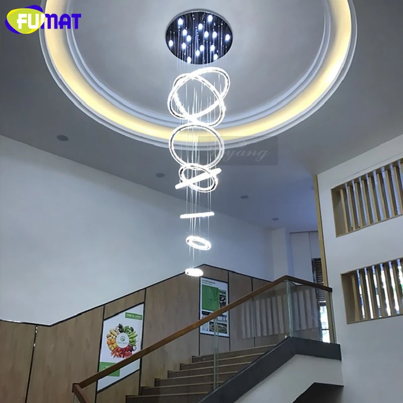 

FUMAT Stailess Steel Rings Crystal Spiral Staircase Villa Ceiling Lamp Dimming Remote Layers Lights Penthouse Lustre Chandeliers