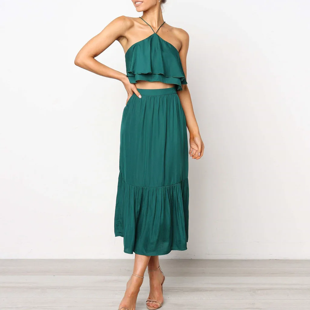 Летние Для женщин костюмы топ c бретелькой через шею без спинки рубашка средней