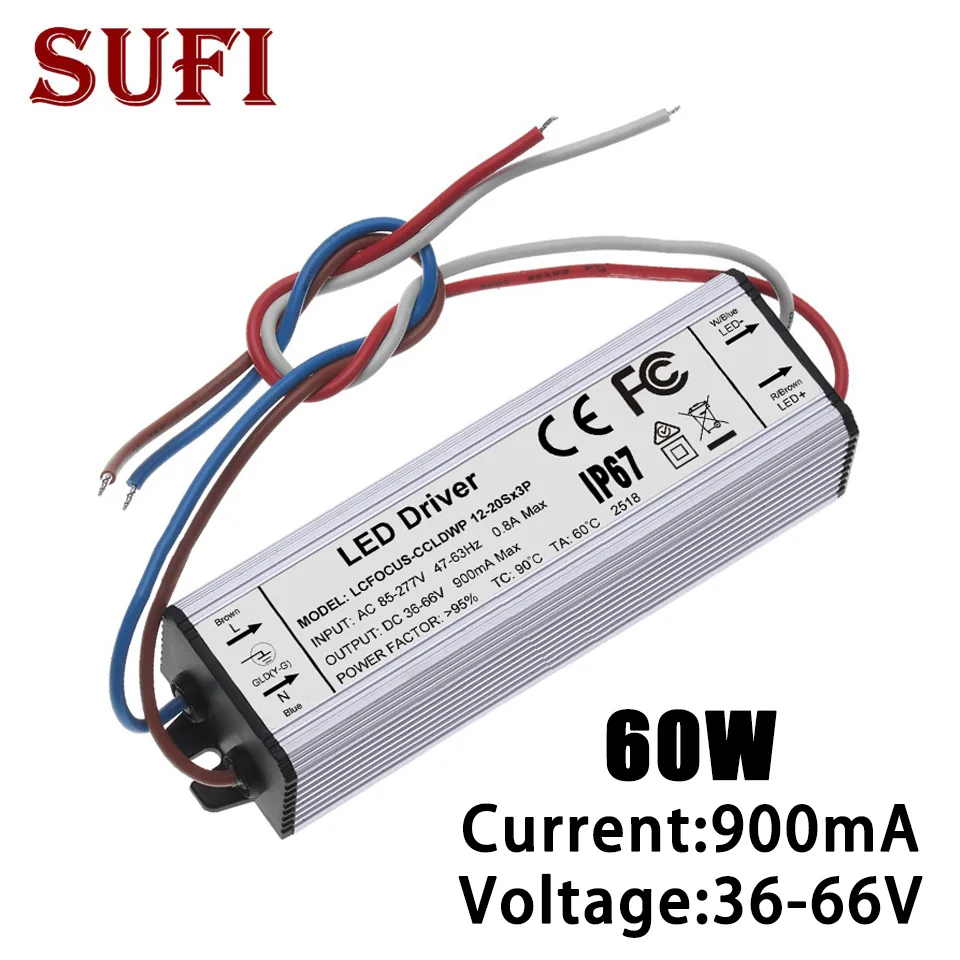 Высокая Мощность 60 W Светодиодный драйвер 36W 42 Вт 45 Вт 48 Вт 54 Вт 60 Вт 900mA DC35-66V Водонепроницаемый IP67 Питание размеры 36-42 45 48 54 корпусный прожектор на 60 Вт