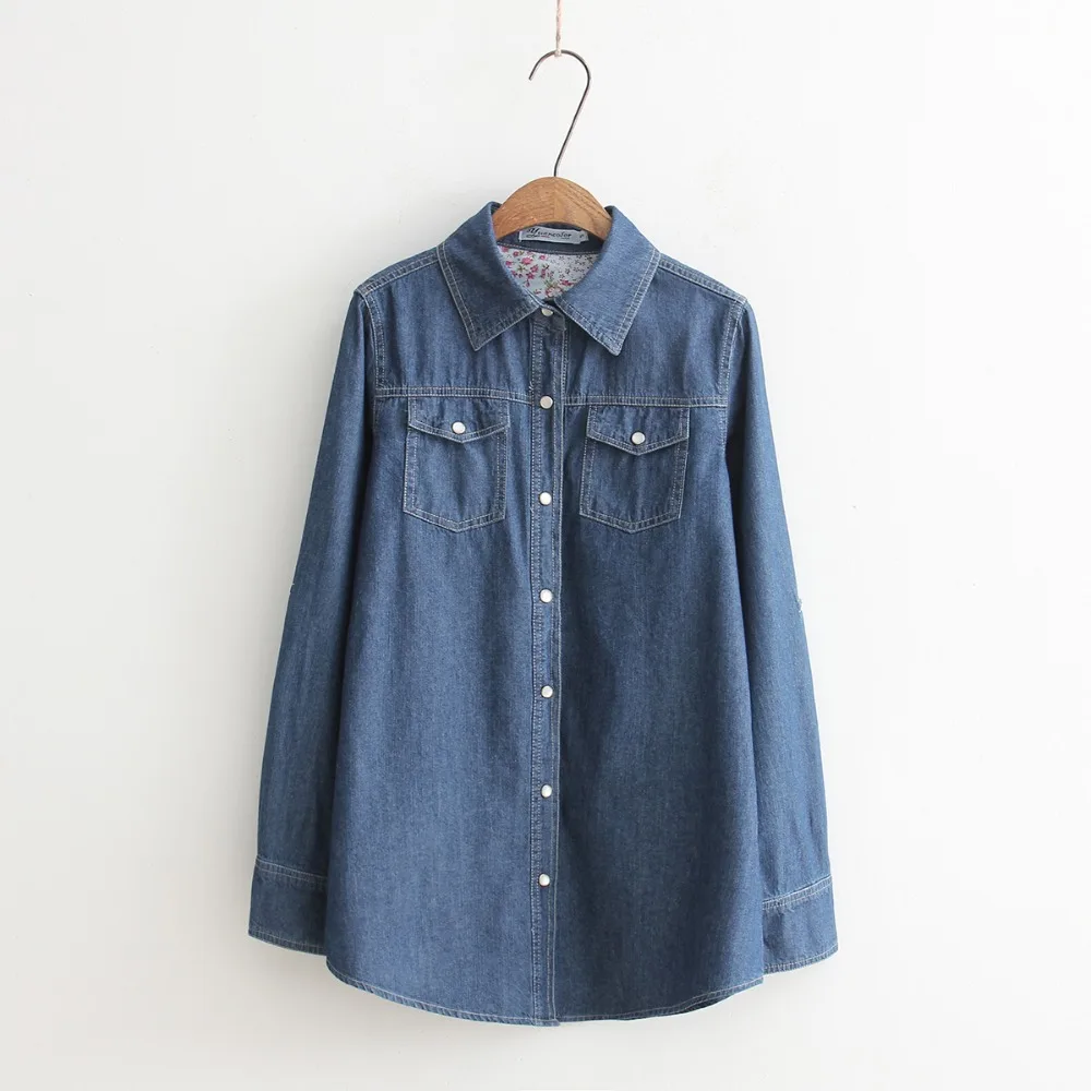 

Spring Autumn Women Slim Long Sleeve Blouse Vintage Washed Denim Shirt, Plus Size Casual Blue Jeans Shirt Brand Camisa Femininas