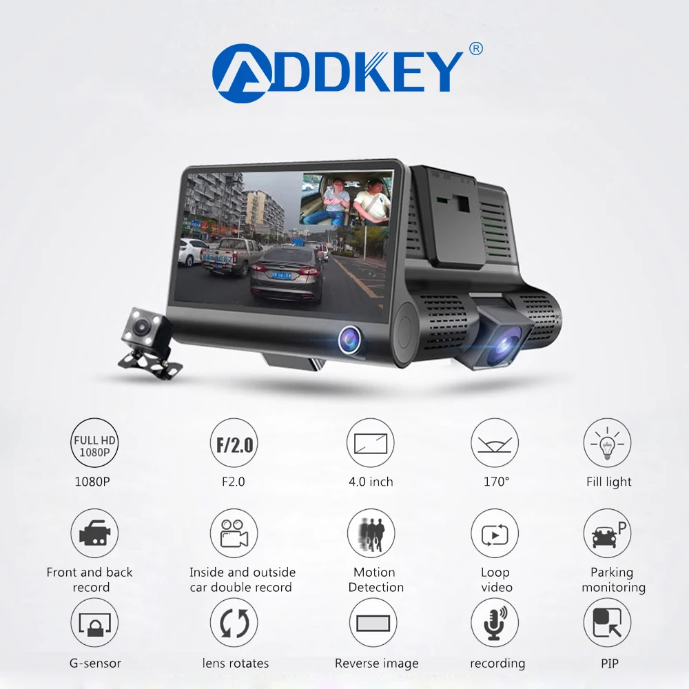 Автомобильный видеорегистратор ADDKEY с 3 камерами и объективом 4 0 дюйма двумя