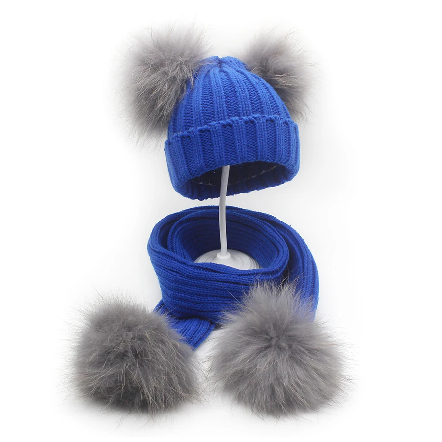 Шапка бини и шарф Детские Зимние из меха енота с помпоном|Шарфы для девочек| |