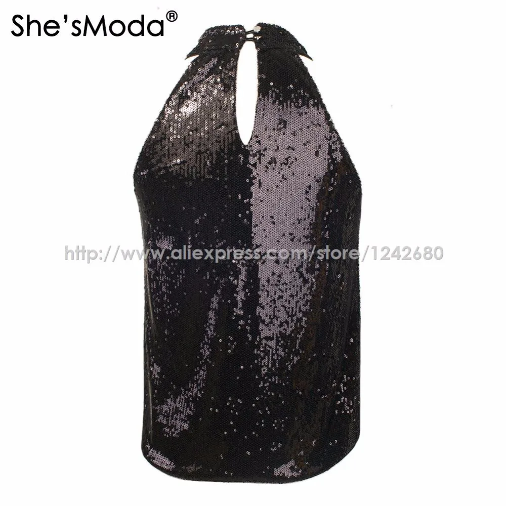 She'sModa Biling Sequins Gold Холтер Топ женские спандекс Клубные вечерние майки жилет