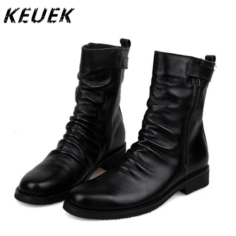 

Autumn Winter Men Mid-Calf boots Genuine leather Short Plush Snow boots British style Male Motorcycle boots 022