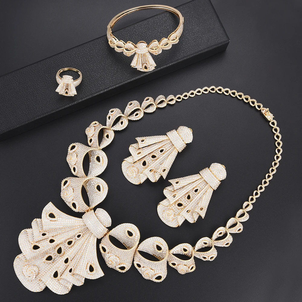 Fashion African Wedding Jewelry Cubic Zirconia Bridal Sets Big Necklace Earrings Bangle Ring Set For Women Engagement | Украшения и