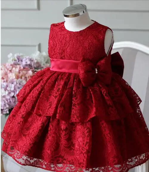 Элегантное платье для маленьких девочек модное Красное Кружевное без рукавов с