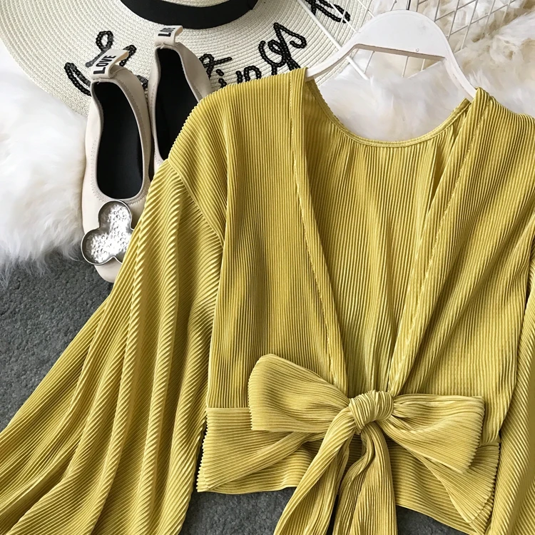 ALPHALMODA, весна-лето, плиссированные шифоновые блузки с v-образным вырезом, галстук-бабочка, пояс, рукав-фонарик, Женская однотонная модная одежда