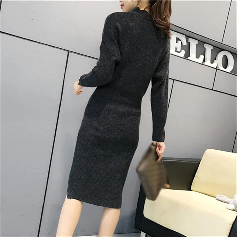 

Autumn 2020 Women Long Sleeve Knitted Woolen Sweater Dress Female Basic Elastic Waist Pullover Clothes Plus Size Dresses O506