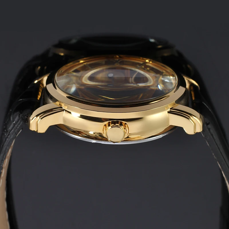 Мужские автоматические механические часы скелетоны WINNER золотистые черные