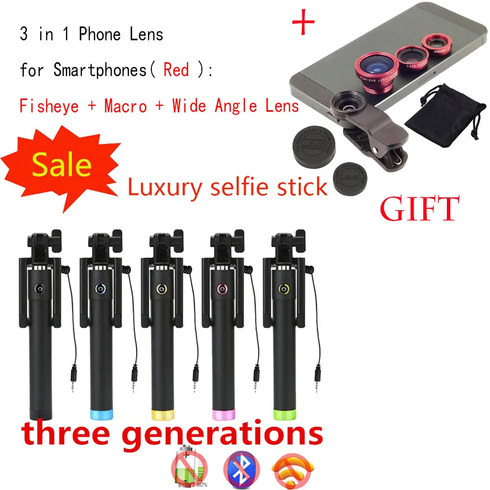 Селфи палка со встроенным затвором и объективом рыбий глаз|selfie stick|wired selfie stickwired |