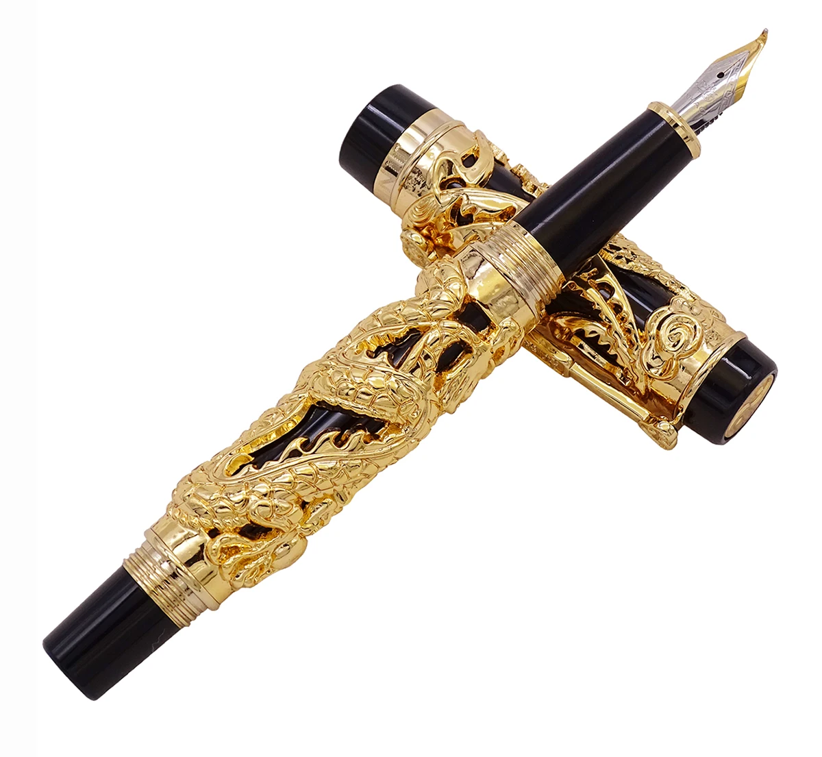 

Jinhao Dragon Phoenix Vintage Luxury Calligraphy Pen Fountain Pen Bent Nib Full Metal Golden & Black Carving for Art Office Gift