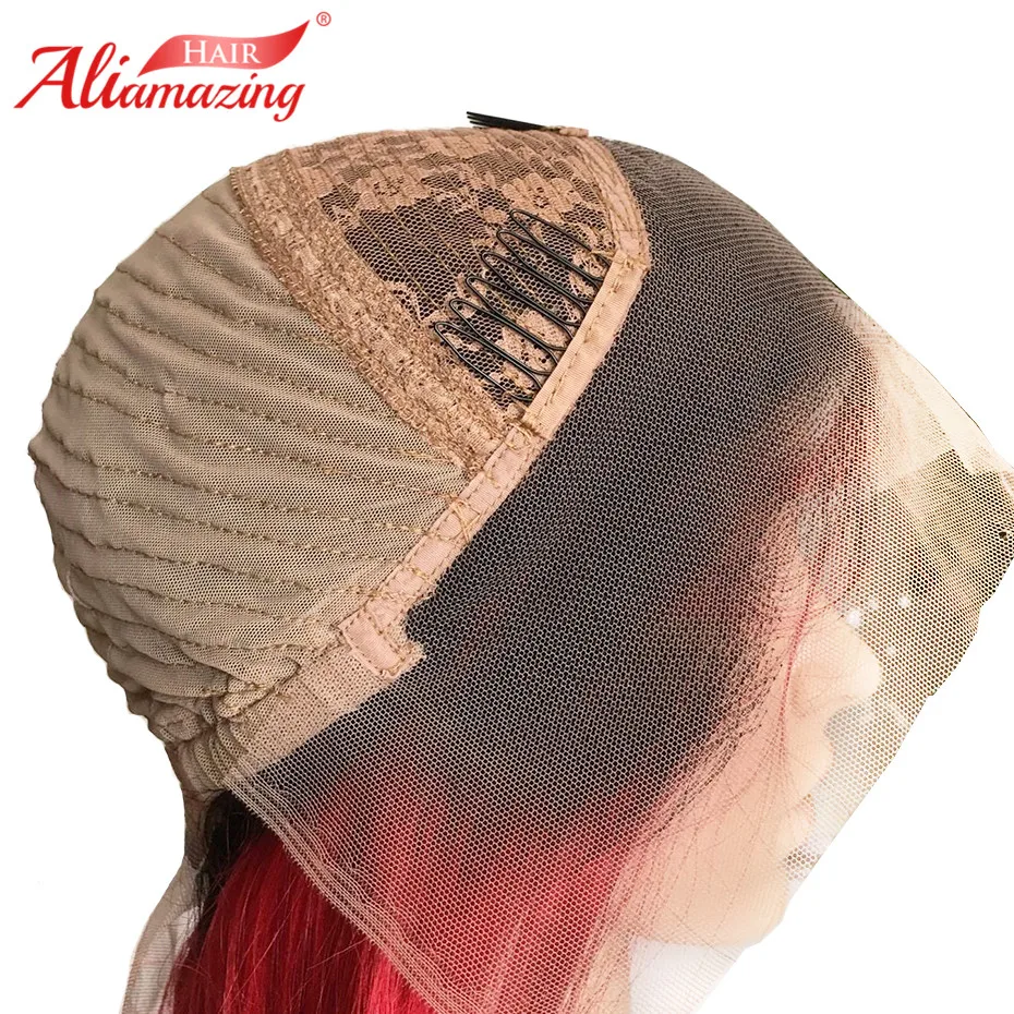 Ali Amazing Brazilian Silky Straight 150% Lace front Wig Remy Hair Ombre Red burgundy Human With Baby and Hairline | Шиньоны и парики