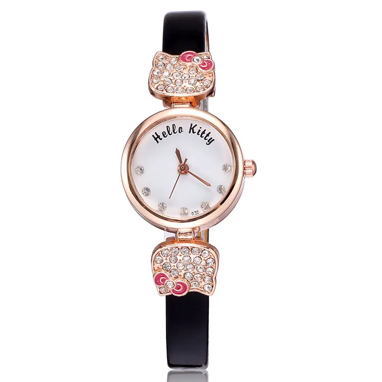 Cute hello kitty leather strap woman watches 2015 quartz fashion analog rose gold plated charm rhinestone watch ladies 5 colors | Наручные