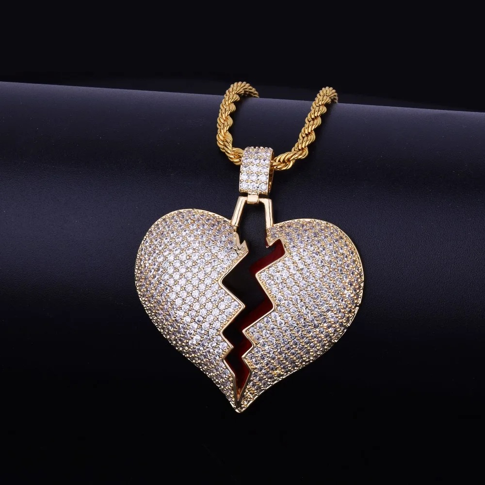 Iced Out цельное ожерелье с разбитым сердцем и подвеской с теннисной цепью золотого цвета, шикарное кубическое циркониевое мужское хип-хоп ювелирное изделие для подарка