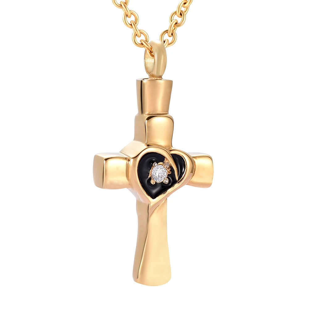 

Golden Crystal Birthstone Inlay Cross Cremation Urn Necklace Memorial Jewelry for Ashes Keepsake Stainless steel heart Urns