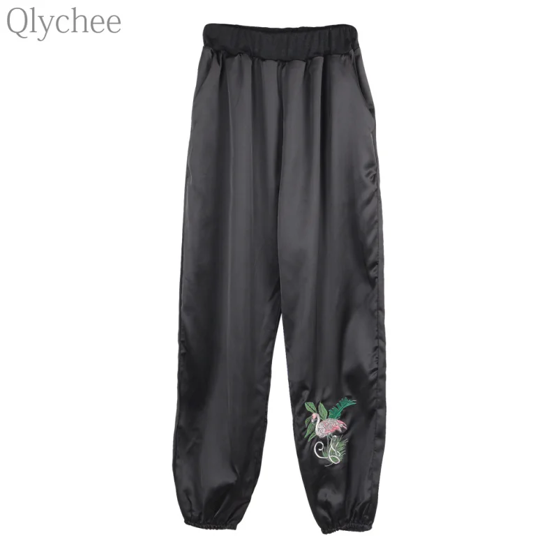 Qlychee Фламинго вышивка брюки с эластичным поясом и карманом хип хоп Для женщин