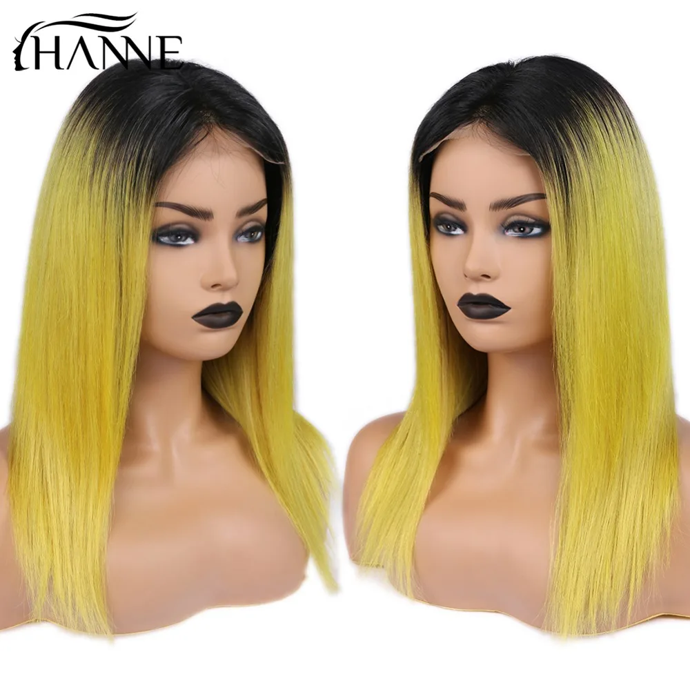 HANNE, 4*4, парик с закрытием, Remy, парик для черных женщин, Омбре, лимонно-желтый цвет, человеческие волосы, парики, прямые, бразильские, кружевные волосы remy