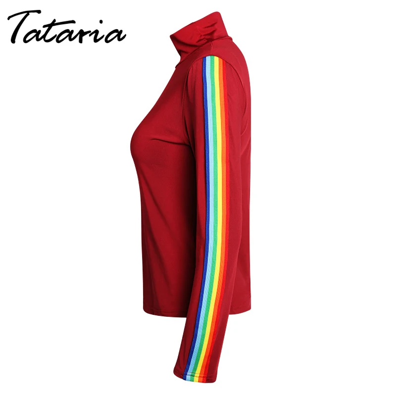 Tataria RainbowTurtleneck женские футболки женские весна с длинным рукавом футболка в полоску уличная Женская мода короткая футболка