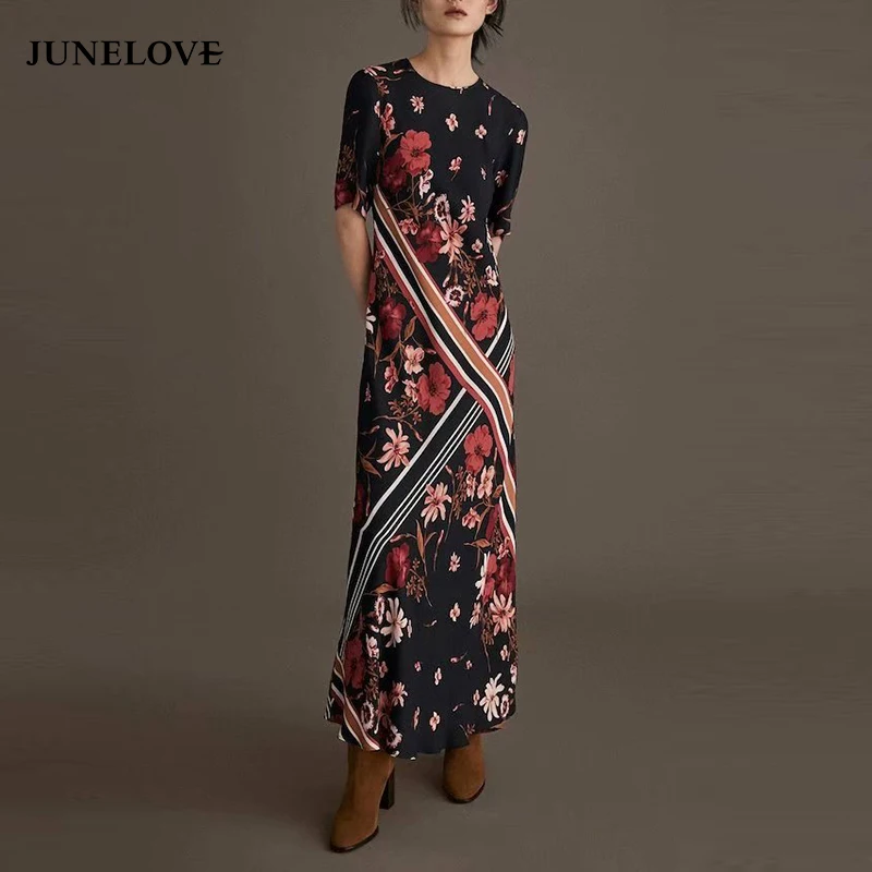 JuneLove женское весеннее длинное платье с коротким рукавом винтажное прямое