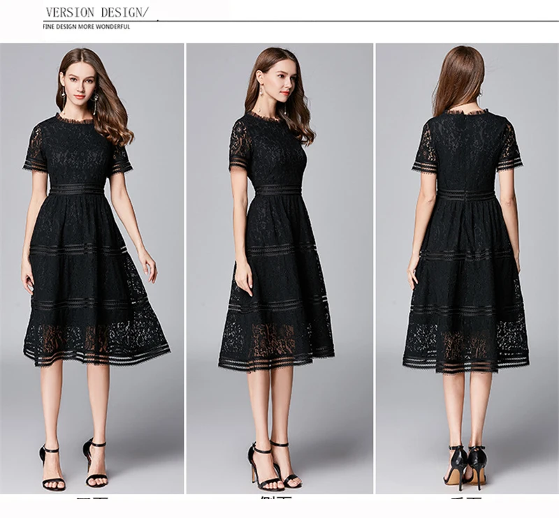 Vestidos De Verano Mujer женские новые трапециевидные темпераментные кружевные открытые с большим подолом элегантное черное платье