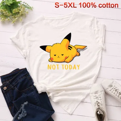 off white SINGRAIN Летняя женская мультяшная футболка Пикачу милый кот принт топы хлопок S-5XL Мода размера плюс свободная женская футболка - Цвет: off white