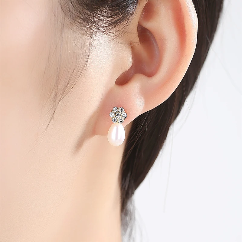 DOTEFFIL Earrings 925 Sterling Silver Gold Gilt Zircon Natural Freshwater Pearl Jewelry Women Wedding/Party | Украшения и