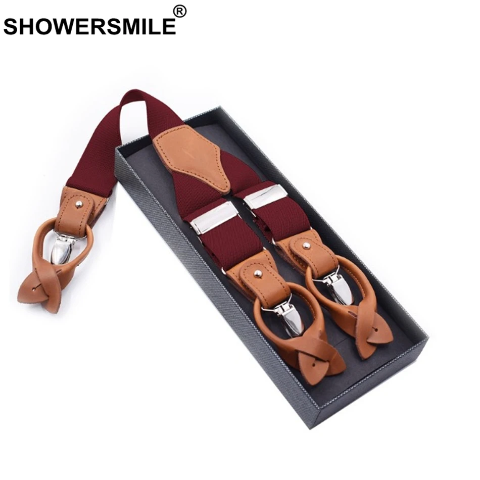SHOWERSMILE мужские зажимы для подтяжек, однотонные красные подтяжки для рубашек, Кожаные эластичные мужские широкие подтяжки 3,5 см, цвета хаки, синий, черный, кофейный