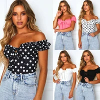 stylish womens off shoulder slash neck dot print bandage short sleeve jumpsuit tops lady summer casual party club tee tops