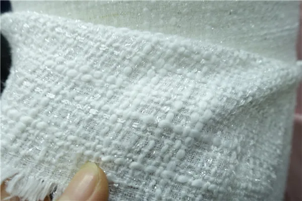 

free ship tweed fabric TRUE white with silver line weaved
