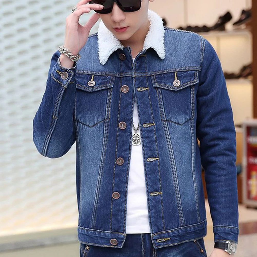 Модные осень-зима теплые Для мужчин отложным воротником утепленная джинсовая