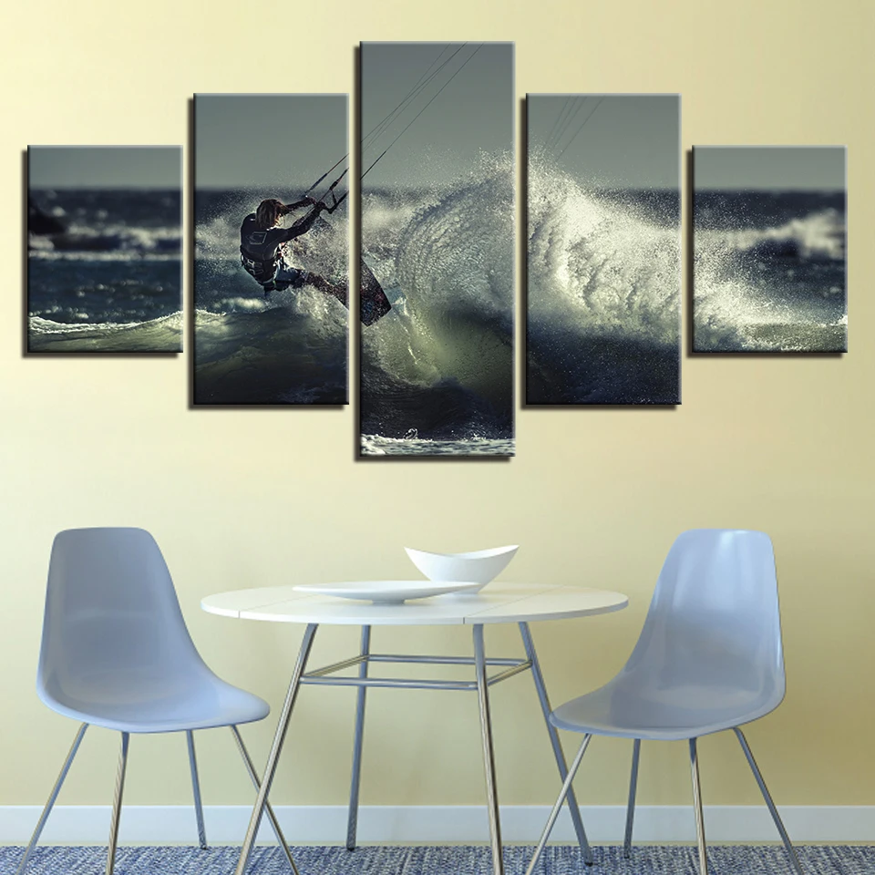 5 Pieces Surfing Seascape Pictures Surfer Waves Poster Canvas Paintings Wall Art Framework Home Decor For Living Room HD Prints | Дом и сад